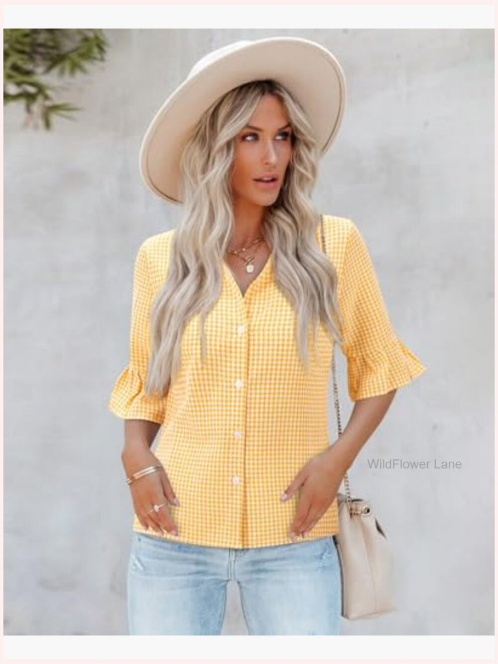 Button Down Checkered 3/4 Ruffle Sleeve Mandarin Collar Blouse - Picture 4 of 5